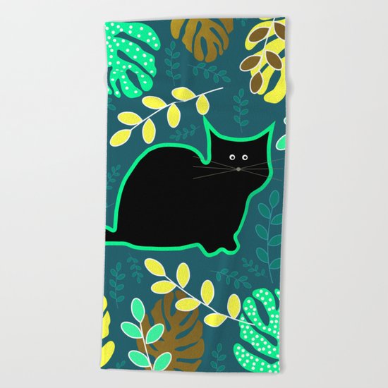 Curious cat and monstera leaves Beach Towel