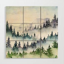 Misty Mountain Pines - Foggy Forest Watercolor Painting Wood Wall Art