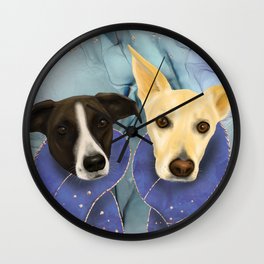 Two Cute Dogs - Family Portrait in Royal Blue Theme Wall Clock