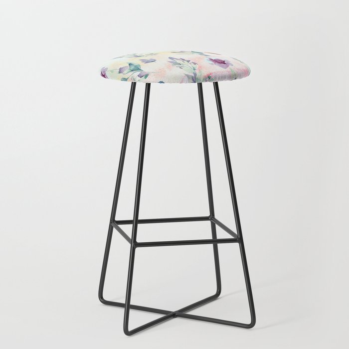 Modern Hand Painted Pink Lilac Green Watercolor Floral Bar Stool
