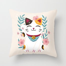 Japanese Lucky Cat with Cherry Blossoms Throw Pillow