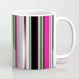 [ Thumbnail: Eyecatching Grey, Forest Green, Mint Cream, Deep Pink, and Black Colored Pattern of Stripes Coffee Mug ]