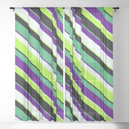 [ Thumbnail: Sea Green, Indigo, Mint Cream, Light Green & Black Colored Lined Pattern Sheer Curtain ]