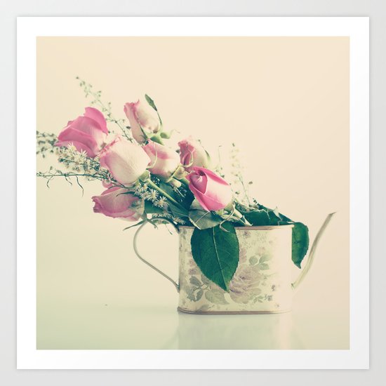 Shabby Chic Roses - Retro Vintage Pink Floral Photography on beige background Art Print