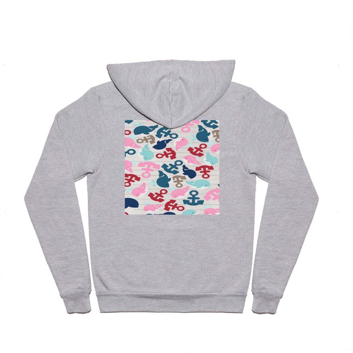 Rustic white wood red blue nautical anchor whale pattern Hoody