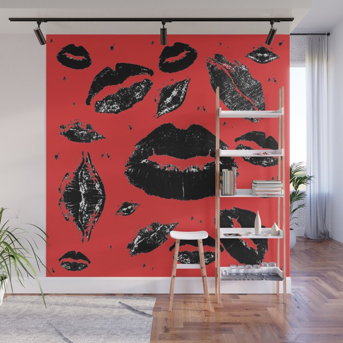 Kisses All Over (Black & Red) Wall Mural