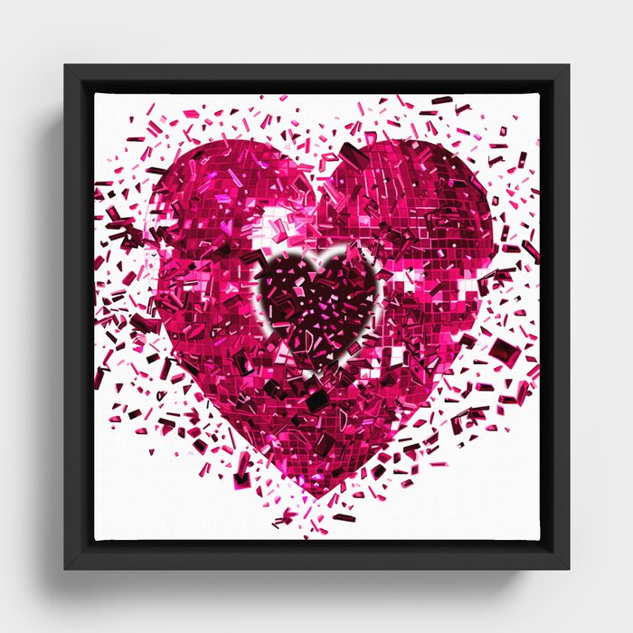 Shattered Pink Magenta Disco Heart Framed Canvas