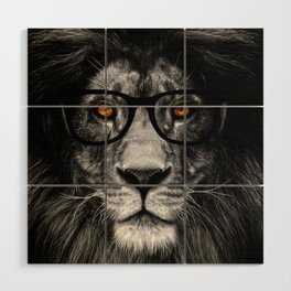 Black Lion with Glasses Wood Wall Art