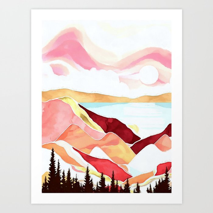 Alpine mountain pink sunset watercolor landscape painting for home, bedroom, living room, and wall decor No. 2 Art Print