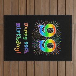 [ Thumbnail: 99th Birthday - Fun Rainbow Spectrum Gradient Pattern Text, Bursting Fireworks Inspired Background Outdoor Rug ]