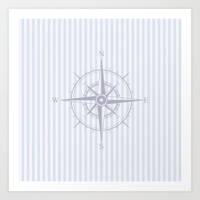 Pastel Blue Stripe with Gray Vintage Nautical Compass Art Print