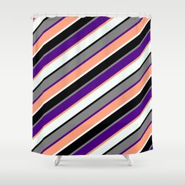 [ Thumbnail: Eye-catching Grey, Indigo, Light Salmon, Mint Cream, and Black Colored Stripes/Lines Pattern Shower Curtain ]