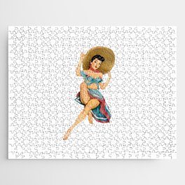 Sexy Brunette Pin Up With Straw Hat Red And Blue Vintage Dress Jigsaw Puzzle