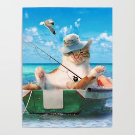 Cute Cat Fishing On Ocean Boat Poster