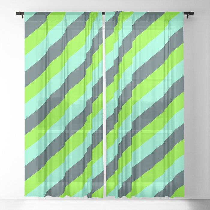 Green, Aquamarine, and Dark Slate Gray Colored Stripes/Lines Pattern Sheer Curtain