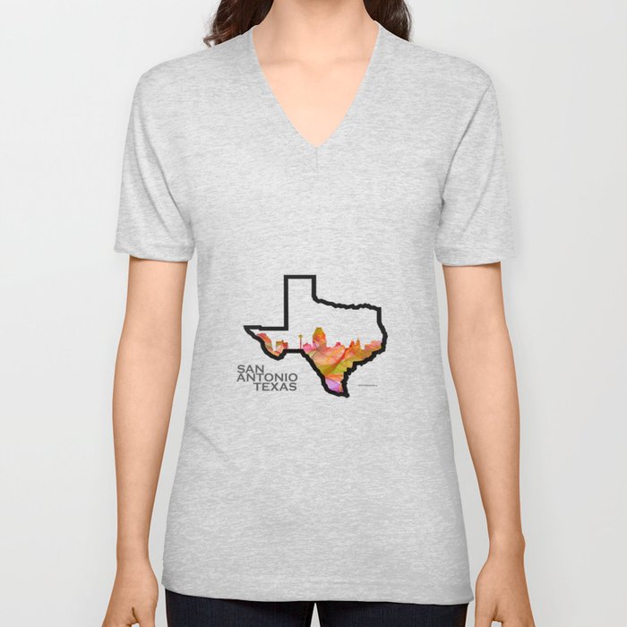 Texas State Map with San Antonio Skyline V Neck T Shirt