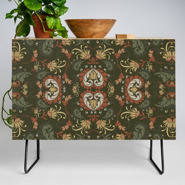 navy green and rust harvest florals bold paisley flower bohemian  Credenza