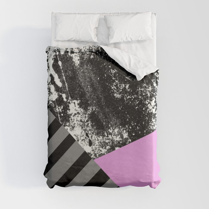 Geometric Abstract In Block Pink, Black And Gray Stripes And Abstract Black And White Duvet Cover