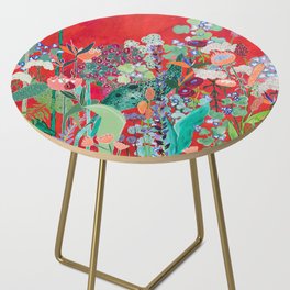 Red floral Jungle Garden Botanical featuring Proteas, Reeds, Eucalyptus, Ferns and Birds of Paradise Side Table