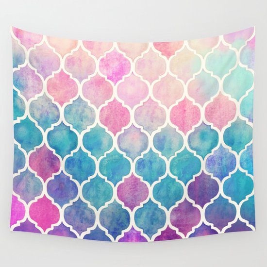 Rainbow Pastel Watercolor Moroccan Pattern Wall Tapestry