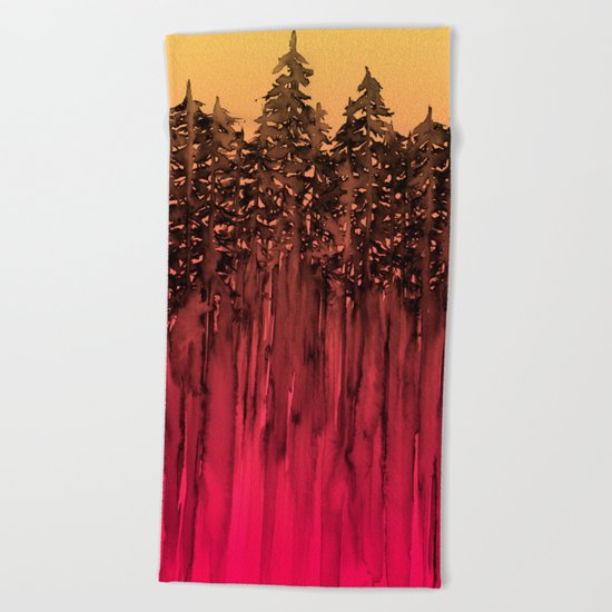 FOREST THROUGH THE TREES 12 Hot Pink Magenta Orange Black Landscape Ombre Abstract Painting Outdoors Beach Towel