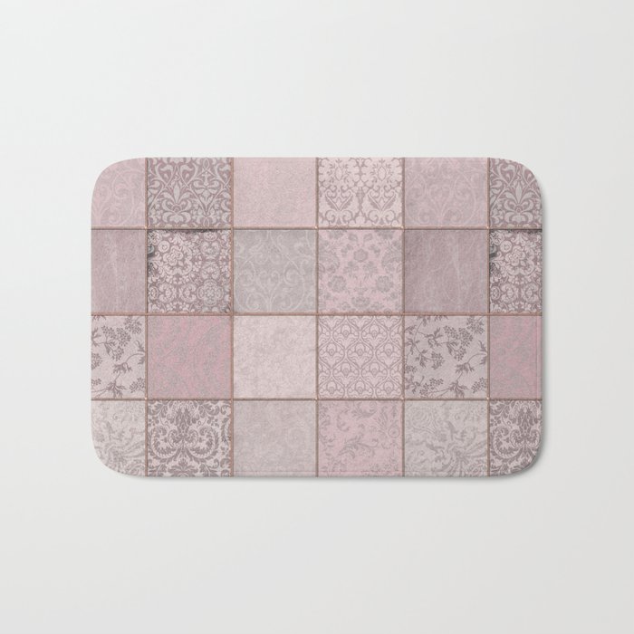 Romantic Pink Damask Patchwork Pattern Bath Mat