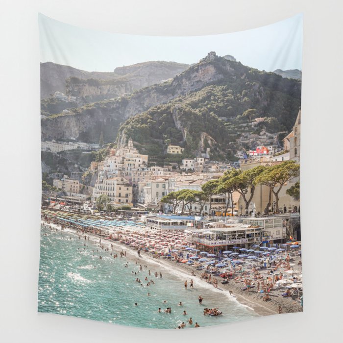 Amalfi Coast Landscape Nature Print | Summer Holiday In Italy Travel Photography Art | Amalfi Village Beach In Soft Colors Photo Wall Tapestry