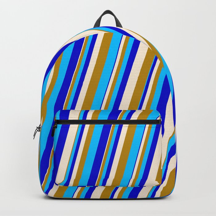 Beige, Dark Goldenrod, Deep Sky Blue & Blue Colored Stripes Pattern Backpack