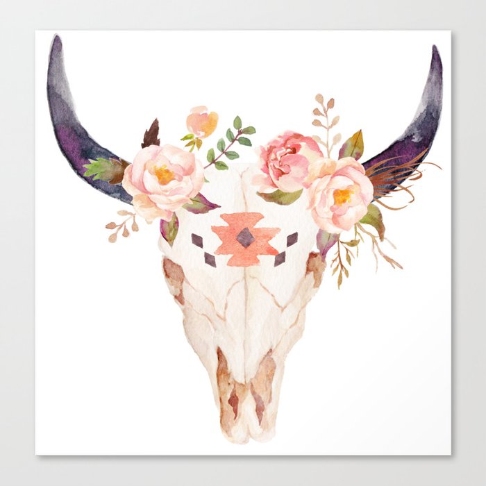 Bull Head Skull Boho Flowers Canvas Print