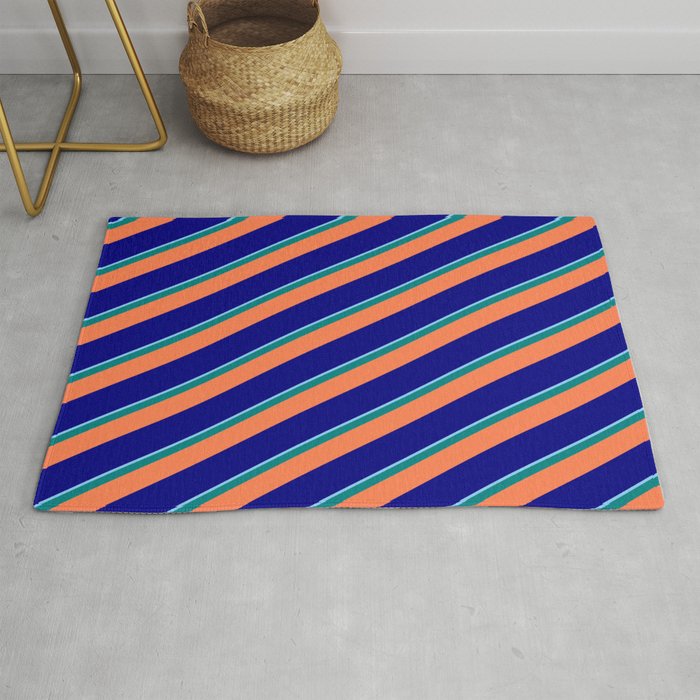 Light Sky Blue, Teal, Coral, and Blue Colored Stripes Pattern Rug