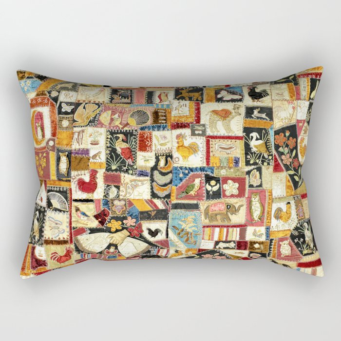 Vintage Multicolor Crazy Quilt with Animals Rectangular Pillow