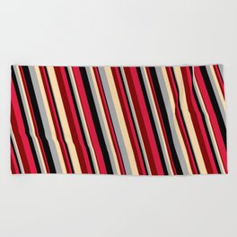 [ Thumbnail: Eye-catching Crimson, Maroon, Tan, Dark Gray, and Black Colored Lines/Stripes Pattern Beach Towel ]