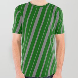 [ Thumbnail: Dark Green and Gray Colored Lined Pattern All Over Graphic Tee ]