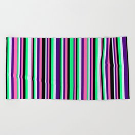 [ Thumbnail: Eye-catching Green, Lavender, Indigo, Hot Pink & Black Colored Lines/Stripes Pattern Beach Towel ]