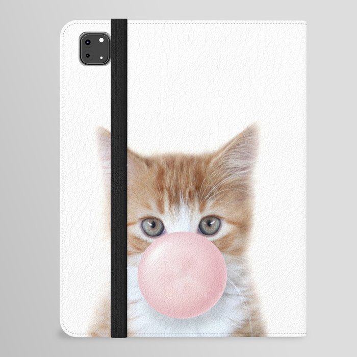 Baby Tabby Cat, Kitten Blowing Bubble Gum, Pink Nursery, Baby Animals Art Print by Synplus iPad Folio Case