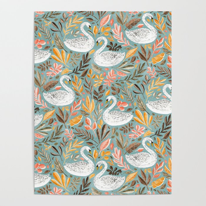 Whimsical White Swans with Autumn Leaves on Sage Poster