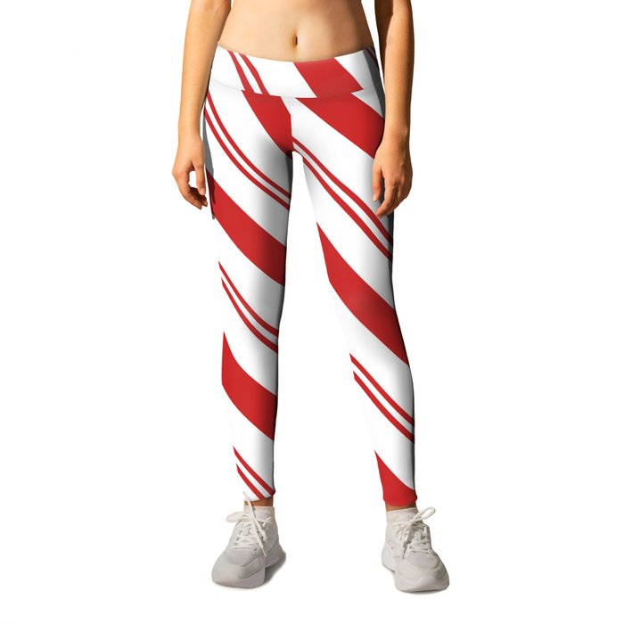 Red and White Candy Cane Stripes, Thick and Thin Angled Lines, Festive Christmas Leggings