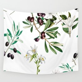 Olives,flowers,branches,white flowers,navy background  Wall Tapestry