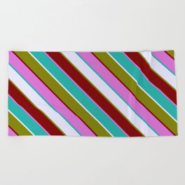 [ Thumbnail: Eyecatching Lavender, Green, Maroon, Orchid & Light Sea Green Colored Pattern of Stripes Beach Towel ]