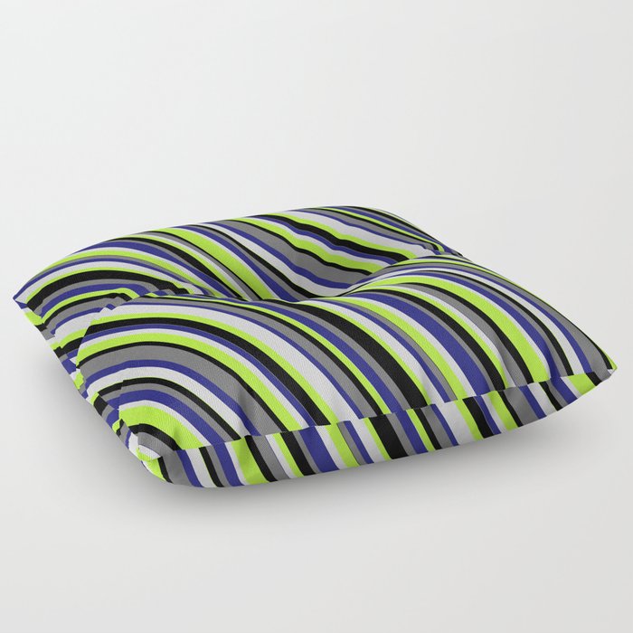 Colorful Midnight Blue, Light Gray, Light Green, Black, and Dim Grey Colored Stripes/Lines Pattern Floor Pillow