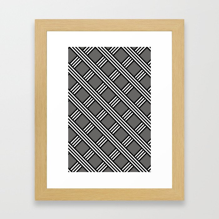 Pantone Pewter, Black & White Diagonal Stripes Lattice Pattern Framed Art Print