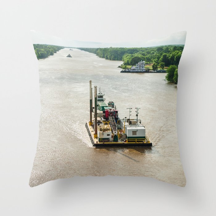 Barge on the Mississippi River Throw Pillow
