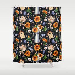 Seamless watercolor pattern with bright sunny colors in a rustic style. Sunflowers, Butterflies, Pitchers, daisies Shower Curtain