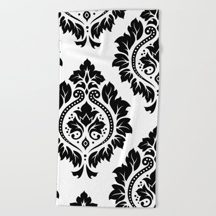 Decorative Damask Art I Black on White Beach Towel