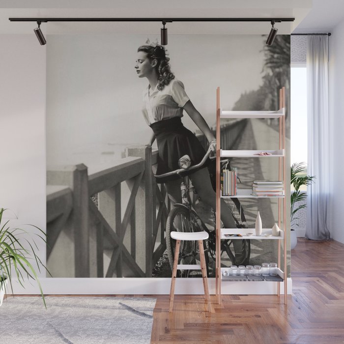 Girl on a Bicycle near palms black and white photograph / art photography Wall Mural