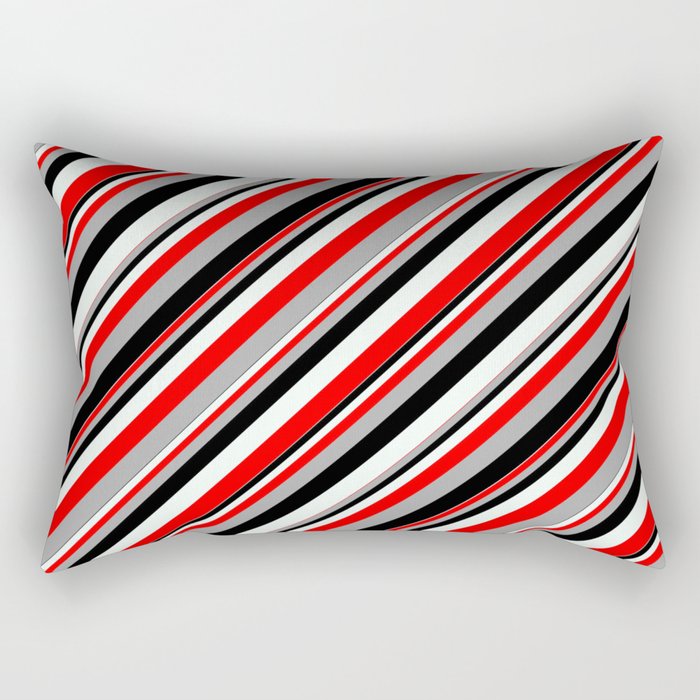 Red, Dark Grey, Black, and Mint Cream Colored Lined Pattern Rectangular Pillow