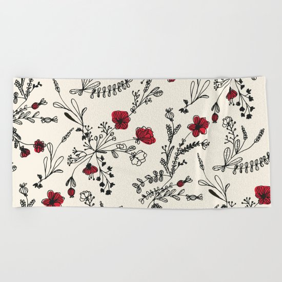 Red Flower Pattern Beach Towel