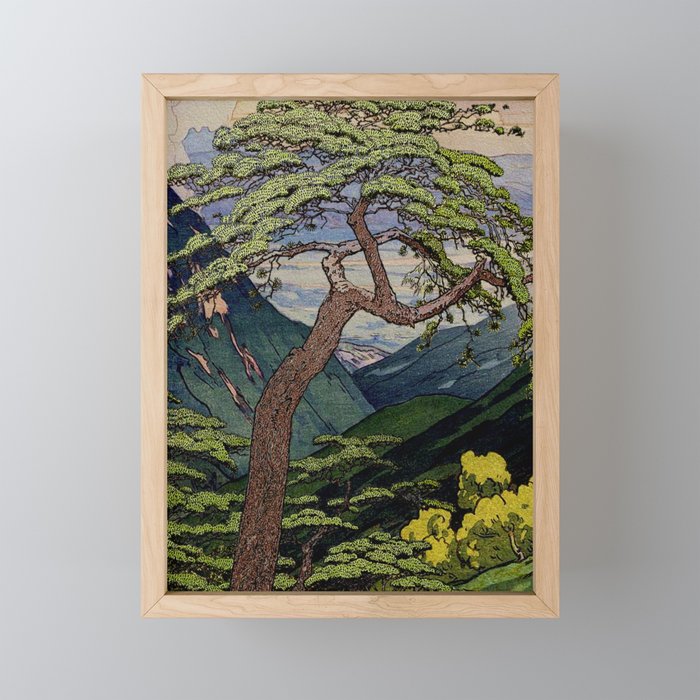 The Downwards Climbing - Summer Tree & Mountain Ukiyoe Nature Landscape in Green Framed Mini Art Print
