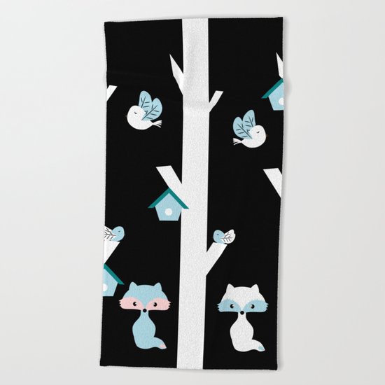 Foxes and birds at night Beach Towel