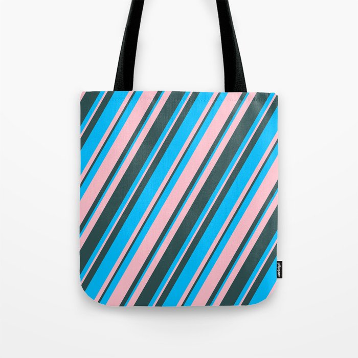 Deep Sky Blue, Pink & Dark Slate Gray Colored Stripes Pattern Tote Bag